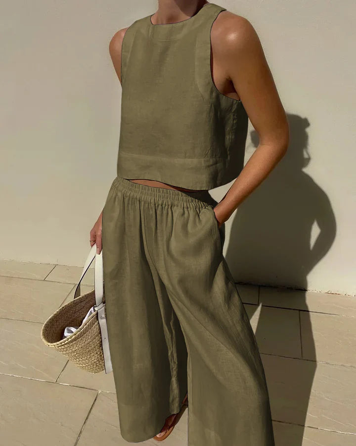 Lilith - Brown tank top and pants linen set for women