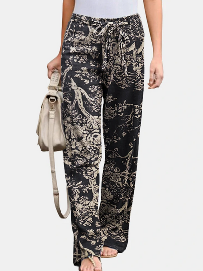 Elina - Loose linen trousers with a natural motif for women