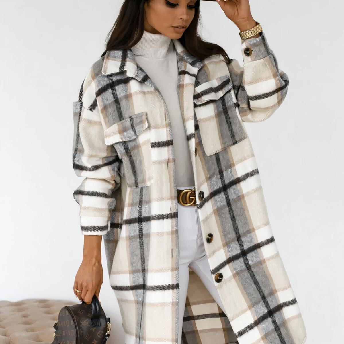 Long winter coat with tartan pattern Lara