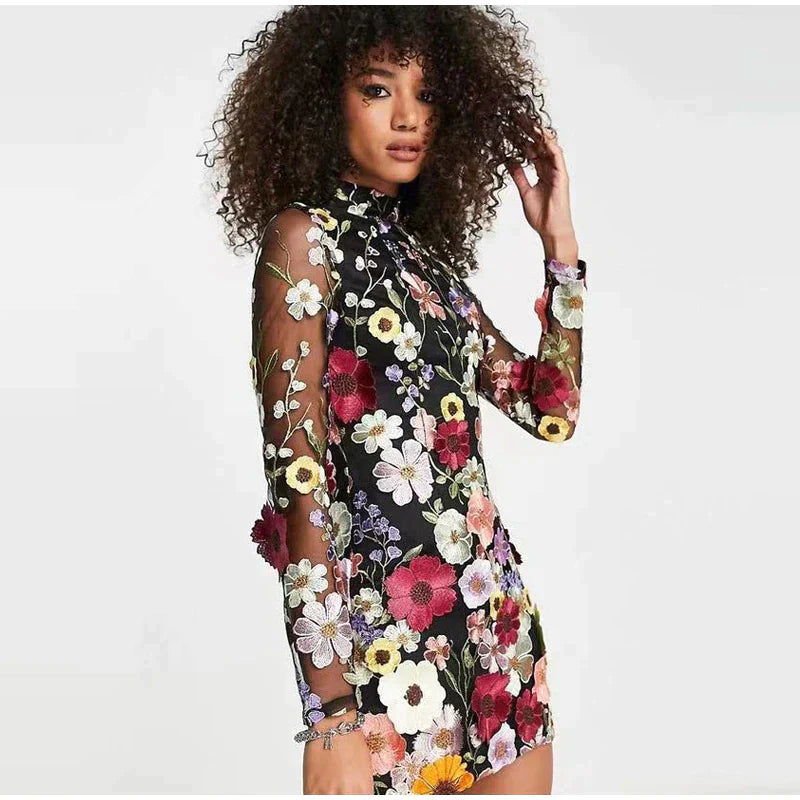 Camilla - Mini dress with floral print embroidery for women