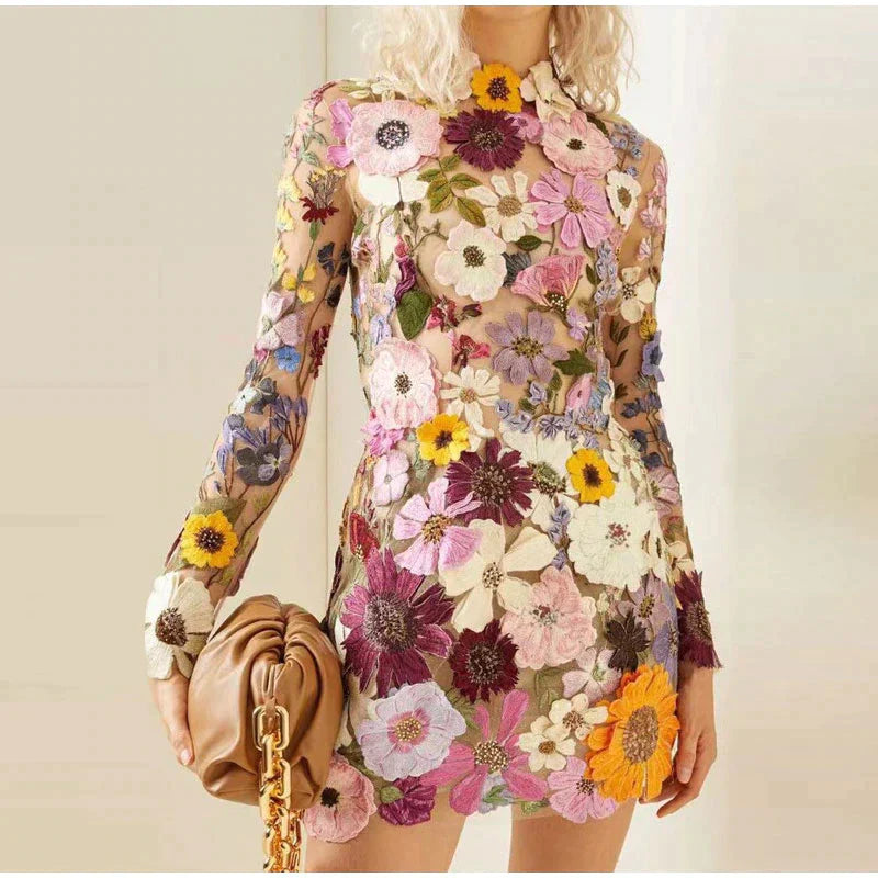 Camilla - Mini dress with floral print embroidery for women