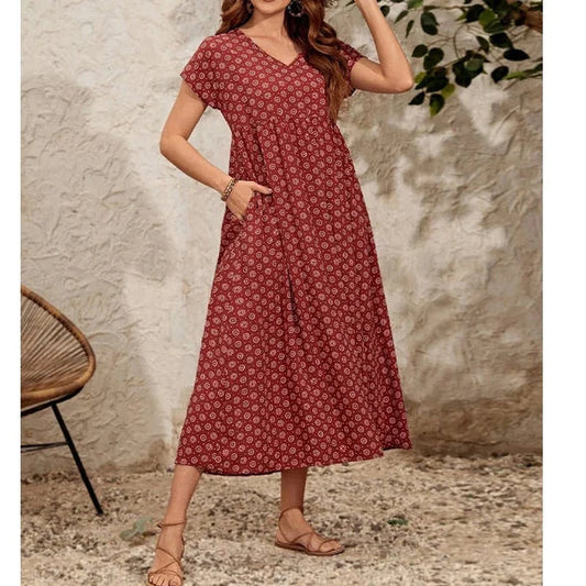 Retro-Kleid aus Leinen-Baumwolle-Mix mit femininem V-Ausschnitt - Clara