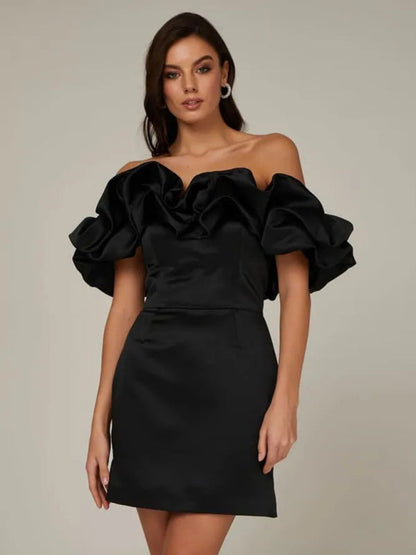 Alessandra - Satin off shoulder dress with ruffle trim 