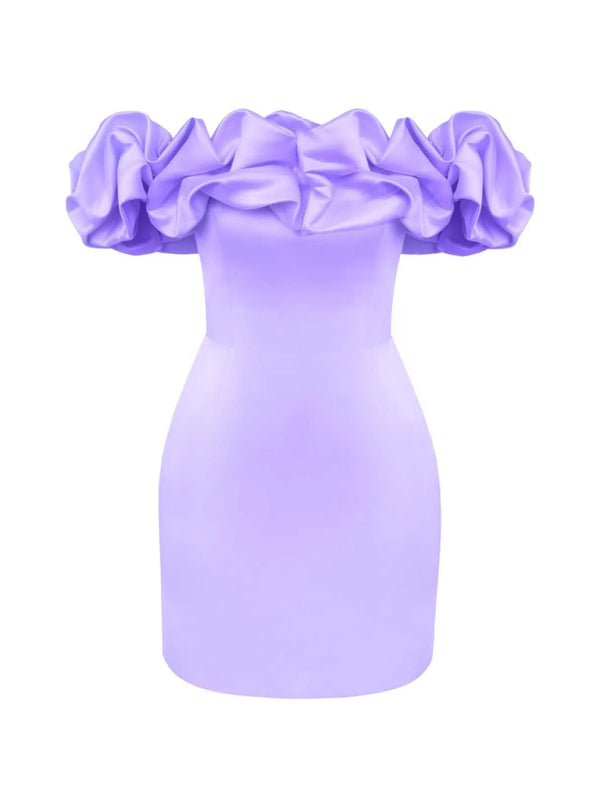 Alessandra - Satin off shoulder dress with ruffle trim 