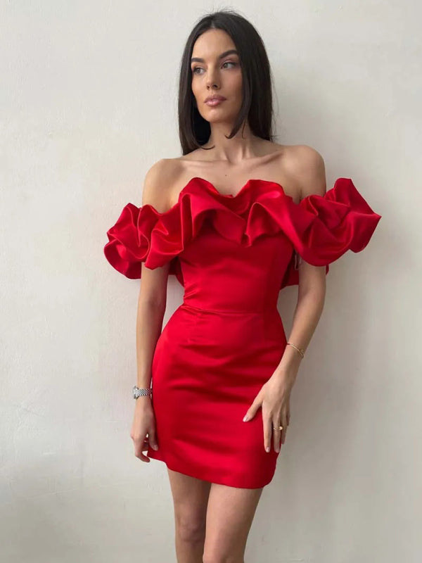 Alessandra - Satin off shoulder dress with ruffle trim 